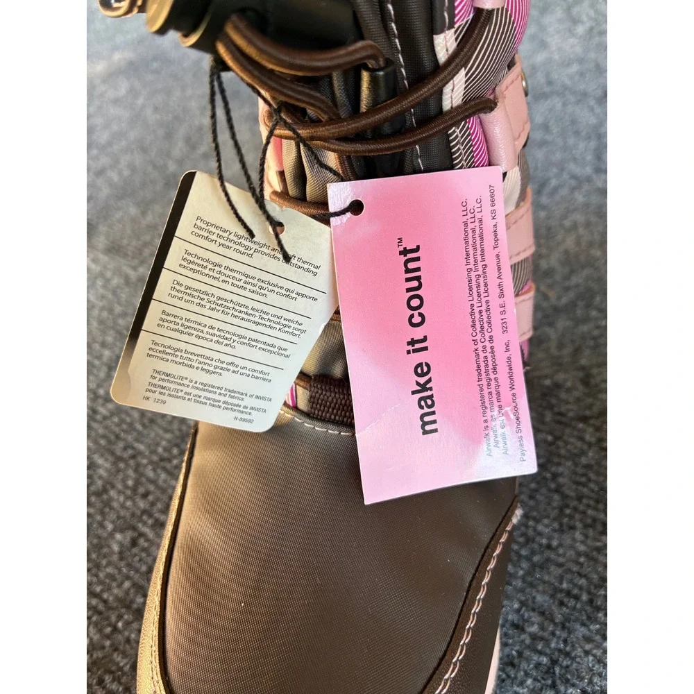 Airwalk Snow Boots Girls Size 1 Pink Brown Plaid Insulated Winter Boots
